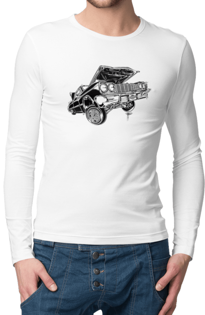Чоловічий лонгслів з принтом "Автомобіль". Автомобіль, імпала, класика, лоурайдер, шевроле. 2070702