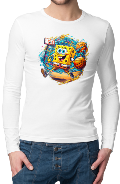Чоловічій лонгслів з принтом "Губка Боб". Spongebob, баскетбол, губка боб, м`яч, мультик, мультсеріал, спанч боб, спорт. 2070702