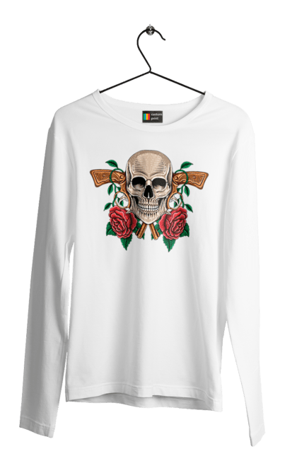 Men's longsleeve with prints Skull with roses. Bones, eyes, flowers, gun, leaves, rose flower, scull, spikes, teeth. 2070702