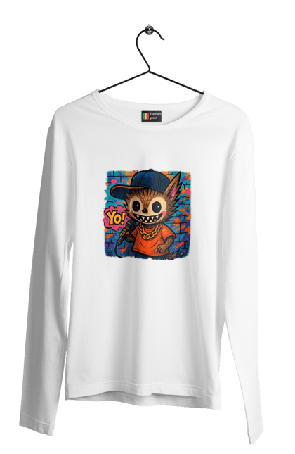 Чоловічий лонгслів з принтом "Лабубу". Бейсболка, вуличне мистецтво, графіті, золотийланцюг, лабубу, мікрофон, міський стиль, репатмосфера, хіпхоп, яскраво. 2070702