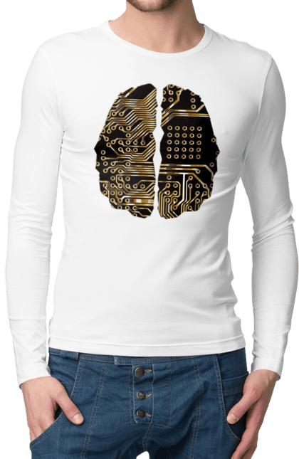 Чоловічий лонгслів з принтом "Мозок Айті". Айті, айтішник, гик, знання, золотий, золото, інженер, кібер, кібернетика, кіборг, код, комп, кристал, мікросхема, мозок, програміст, професіонал, професія, розробник, розум, чіп. 2070702