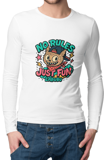 Чоловічий лонгслів з принтом "Лабубу". Norulesjustfun, y2k, бандана, вуличний стиль, грайливий, графіті, зухвалий, лабубу, ретромультяшка, яскраво. 2070702