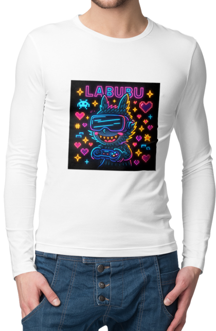 Чоловічий лонгслів з принтом "Лабубу". Vrочки, геймеркультура, геймпад, іконкиаркади, кіберарт, лабубу, неонгеймінг, піксельарт, ретроаркада, світиться. 2070702