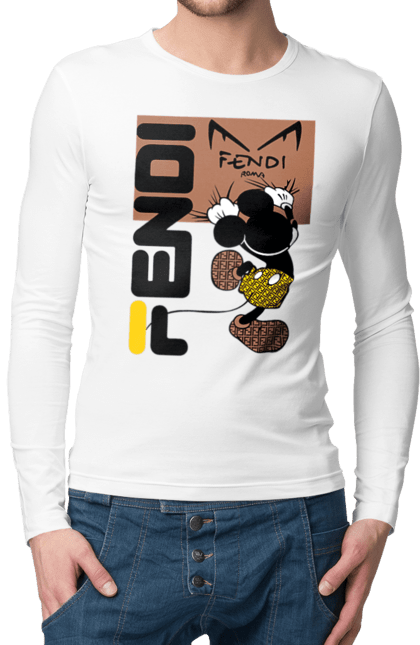 Мужской лонгслив с принтом Fendi Микки Маус. Fendi, mickey mouse, бренд, дом моды, италия, люкс, микки маус, мода, сумка, фенди. 2070702