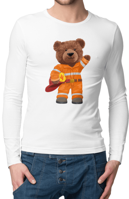 Чоловічій лонгслів з принтом "Ведмедик пожежник". Ведмедик, ведмедик пожежник, ведмідь, пожежник, рятувальник, тедді. futbolka.stylus.ua