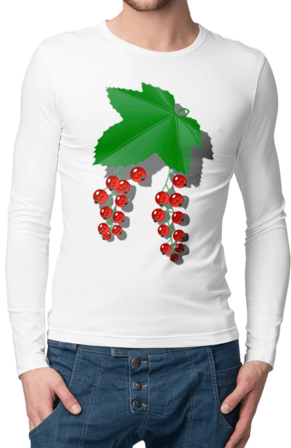 Чоловічий лонгслів з принтом "Порічки Червоні". Делікатес, зріла, їжа, листя, літо, порічки, порічки червоні, смачно, смородина, стигла, урожай, червона, червона смородина, ягідка, ягода, ягоди. 2070702