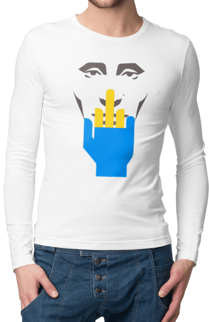 Чоловічий лонгслів з принтом "Путін Хуйло". Все, голова путіна, доброго вечора, йди нахуй, мертвий москаль, москалі, орки, путін хуйло, російський військовий, середній палець. 2070702