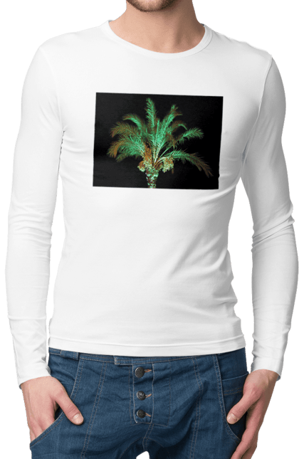 Чоловічий лонгслів з принтом "Фінікова Пальма Вночі". Берег, відпочинок, відпустка, зелений, море, ніч, оазис, океан, острів, пальма, південь, подорож, пригоди, тропіки, фінікова, чорне. 2070702