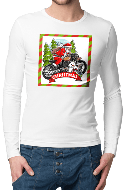 Чоловічий лонгслів з принтом "Санта на мотоциклі". Мотоцикл, новий рік, подарунки, різдво, санта, сніговик, ялинка. 2070702