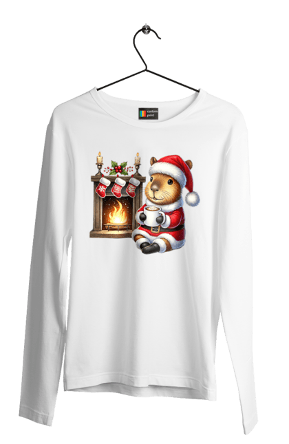 Men's longsleeve with prints Capybara by the fireplace with hot chocolate. Animal, capybara, christmas, christmas capybara, fireplace, gift, holiday, hot chocolate, new year, santa. 2070702