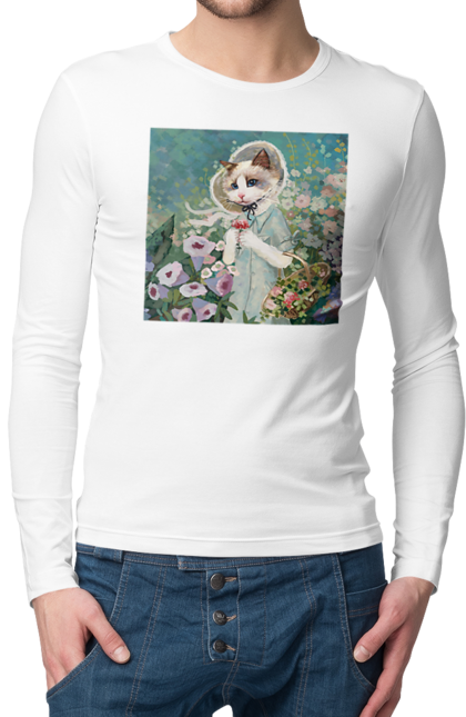 Чоловічій лонгслів з принтом "Картина, кішка збирає квіти до кошика". Картина, квіти, квітка, кішка, котик, кошик, плаття, сукня. CustomPrint.market