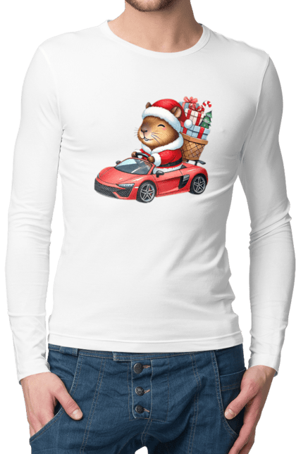 Men's longsleeve with prints Christmas Capybara with a Gift. Animal, capybara, car, christmas, christmas capybara, gift, holiday, new year, new year`s gift, santa. 2070702