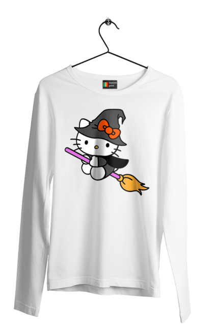 Чоловічій лонгслів з принтом "Хелло Кітті Хелловін". Halloween, hello kitty, witch, бренд, відьма, кіт, кошеня, персонаж, хелло кітті, хелловін. 2070702