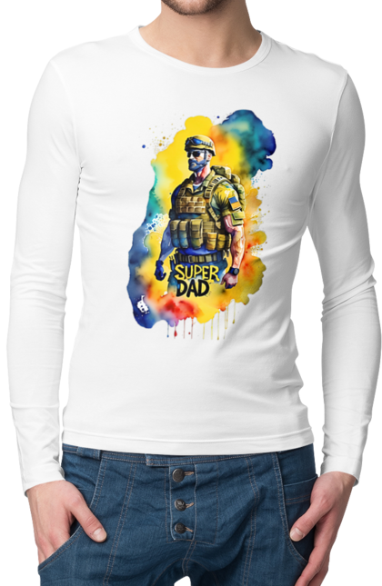 Чоловічий лонгслів з принтом "Супер тато ЗСУ". День батька, день тата, зсу, люблю тата, супер, супер тато, супер тато зсу, тато, тато зсу, україна. 2070702