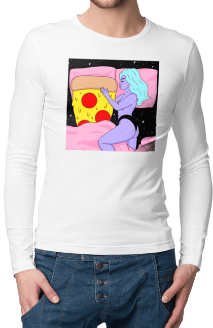 Чоловічий лонгслів з принтом "Фіолетова Дівчина І Піца". Дівчина, ліжко, піца. 2070702