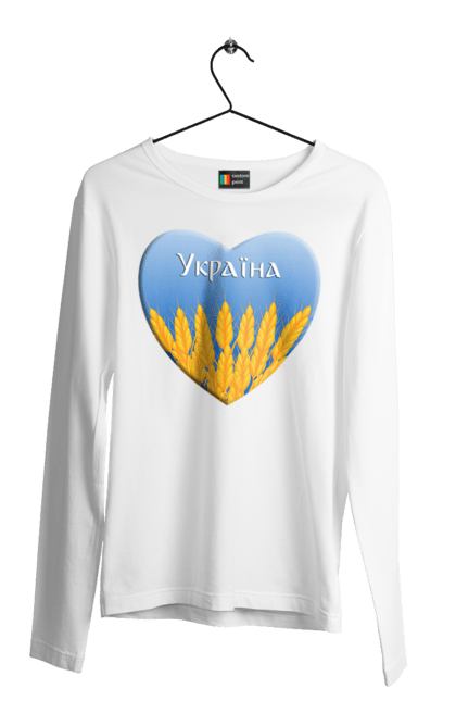 Чоловічий лонгслів з принтом "Серце з колосками Україна". Воля, колоски, небо, перемога, прапор україни, пшениця, серце, символ україни, україна. 2070702