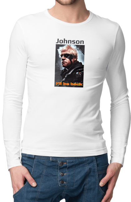 Чоловічій лонгслів з принтом "Johnson. I'll be back". Borisjohnson, борисджонсон, кіно, мем, портрет. futbolka.stylus.ua