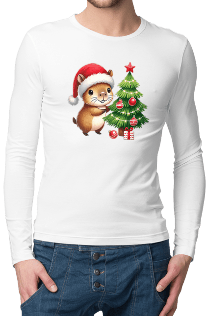 Men's longsleeve with prints Christmas Capybara with a Tree. Animal, capybara, christmas, christmas capybara, christmas tree, gift, holiday, new year, new year`s gift, santa. 2070702