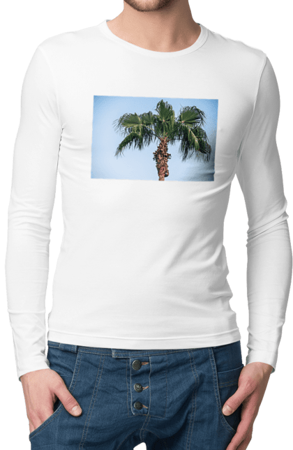 Чоловічий лонгслів з принтом "Пальма на тлі неба". Берег, блакитне, відпочинок, відпустку, єгипет, зелений, зелені, лист, листя, море, небо, оазис, океан, острів, пальма, південь, подорож, пригоди, тропіки, туреччина. 2070702