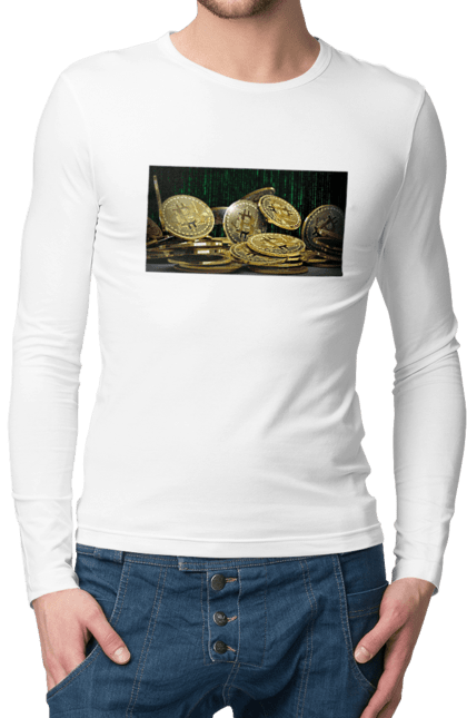 Чоловічий лонгслів з принтом "Біткойн". Багатство, біткойн, валюта, гроші, криптовалюта, курс, майнінг, матриця, монета, розкіш, цифровий світ. 2070702
