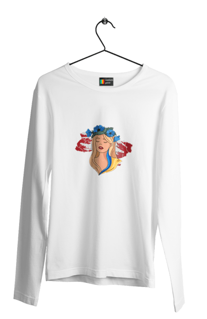 Men`s longsleeve with prints Girl on the map of Ukraine. Blue, flag, flowers, girl, girl on the map, map of ukraine, red, ukraine, yellow. 2070702