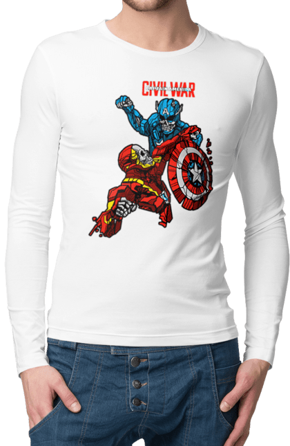 Men's longsleeve with prints Iron Man vs Captain America. Avengers, captain america, civil war, comic, comics, film, iron man, marvel, marvel comics, tony stark. 2070702