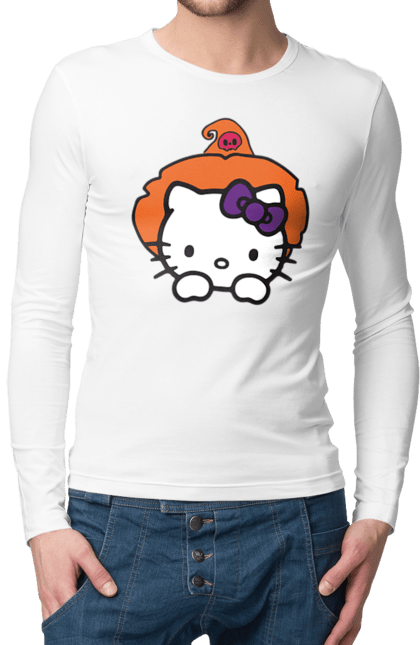 Чоловічій лонгслів з принтом "Хелло Кітті Хелловін". Halloween, hello kitty, witch, бренд, відьма, кіт, кошеня, персонаж, хелло кітті, хелловін. 2070702