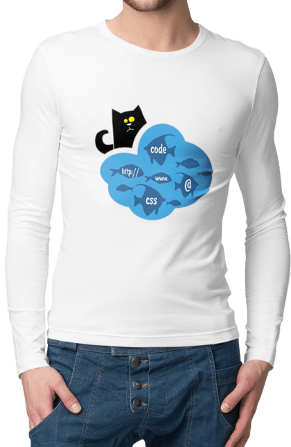 Чоловічий лонгслів з принтом "Кіт програміст". Angular, c, css, html, it, javascript, jquery, php, python, react, svelt, vue, айтишник, айті, гумор, код, кодувати, прогер, програміст, програмісти, ти ж, ти ж програміст, тиж програміст. 2070702