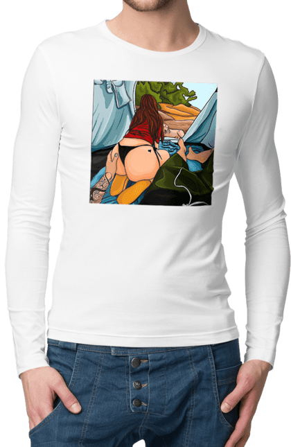 Чоловічий лонгслів з принтом "Відпочинок З Улюбленою У Палатці". Відпочинок, жопа, палатка, собака. 2070702