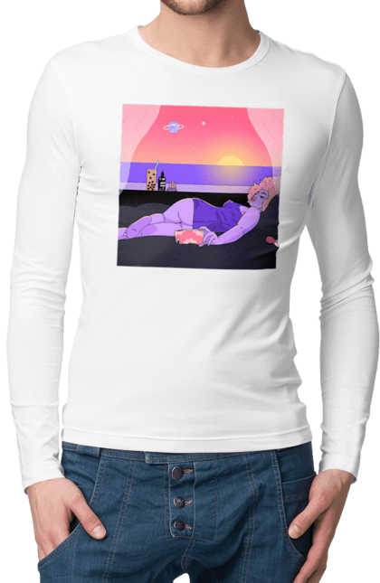 Чоловічий лонгслів з принтом "Фіолетова Дівчина На Відпочинку". Дівчина, захід, телефон. 2070702