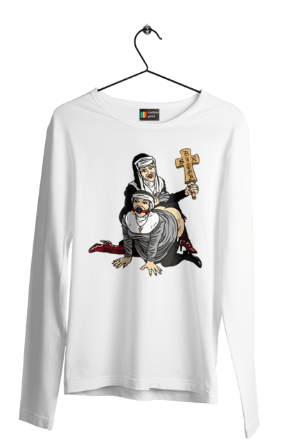 Чоловічий лонгслів з принтом "Монашки БДСМ". Бдсм, крута, модна, молодіжна, плескає по дупі, рок, рольові ігри, черниці бдсм, черницю, черниця. 2070702