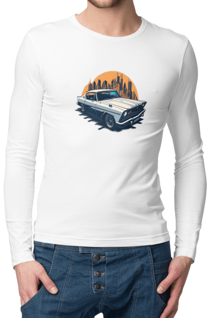 Чоловічий лонгслів з принтом "Вінтажне зображення авто". Автомобіль, вінтажне зображення, місто. 2070702