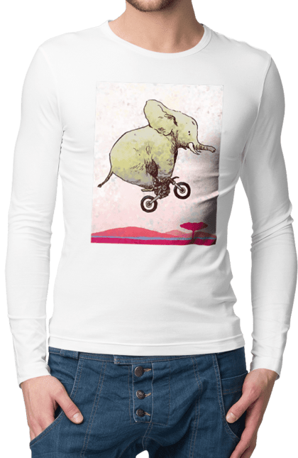 Чоловічий лонгслів з принтом "Слон На Мотоциклі". Мотоцикл, політ, слон. 2070702