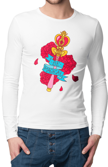 Men's longsleeve with prints Be Magical. Anime, charm, flowers, magic, rose flower, sailor moon, tv series, wand. 2070702