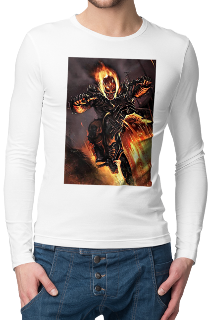 Чоловічий лонгслів з принтом "Пекельний Гонщик". Вогонь, мотоцикл, пекельний гонщик, скелет, чоппер. 2070702