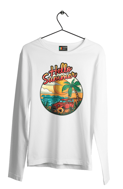 Чоловічий лонгслів з принтом "Привіт Літо, Машина Біля Моря". Літо, машина, острів, пальма, пляж. 2070702