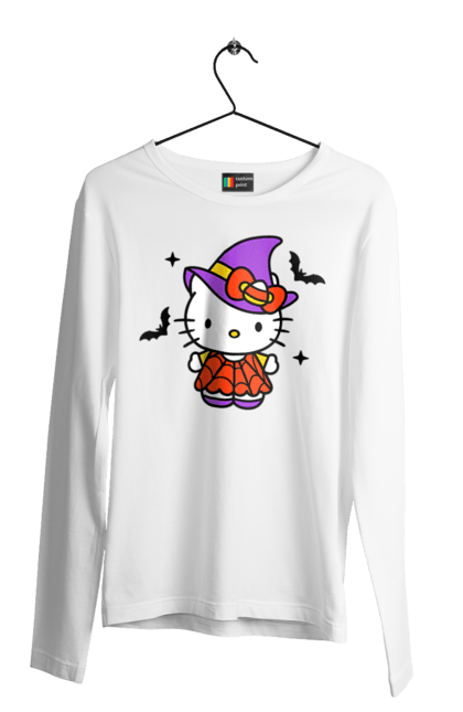 Чоловічій лонгслів з принтом "Хелло Кітті Хелловін". Halloween, hello kitty, witch, бренд, відьма, кіт, кошеня, персонаж, хелло кітті, хелловін. 2070702