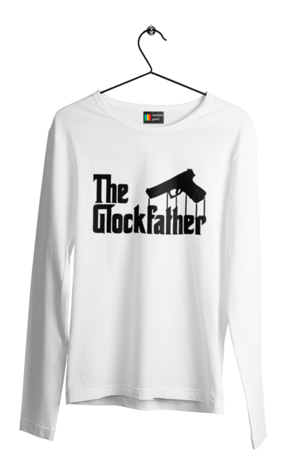 Мужской лонгслив с принтом The GlockFather. Gangster, glockfather, godfather, godfather reference, гангстер, глок, огнестрельное оружие, оружие, пистолет. 2070702