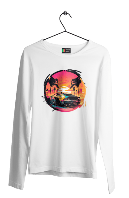 Чоловічий лонгслів з принтом "Ламборджині Ретровейв". Авто, автомобиль, ламба, ламборджині, машина, машини, ретровейв. 2070702