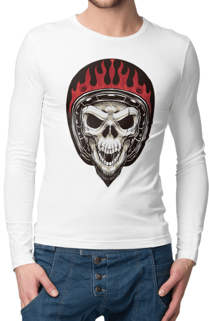 Чоловічий лонгслів з принтом "Череп в мотошоломі". Мото, скелет, череп, шолом. 2070702