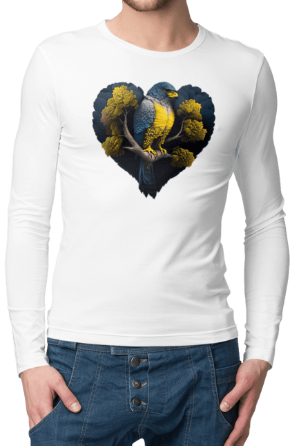 Мужской лонгслив с принтом Сине желтый сокол. Дерево, сердце, символ украины, сокол, украина, флаг украины. 2070702