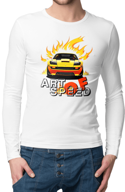 Чоловічий лонгслів з принтом "Машина у вогні". Автомобіль, вогонь, спортивна машина, спортивний автомобіль, швидкість. 2070702