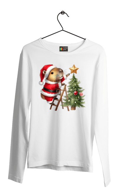 Men's longsleeve with prints Christmas Capybara with a Tree. Animal, capybara, christmas, christmas capybara, christmas tree, gift, holiday, new year, new year`s gift, santa. 2070702