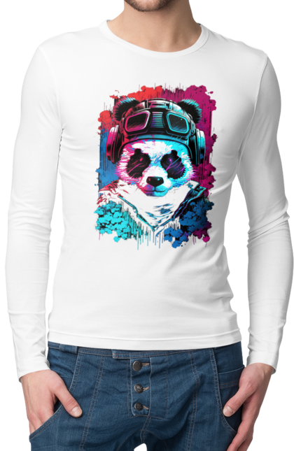 Чоловічий лонгслів з принтом "Панда в VR шолом". Віртуальна реальність, гік, панда, персонаж, шолом. 2070702