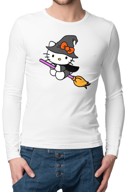 Чоловічій лонгслів з принтом "Хелло Кітті Хелловін". Halloween, hello kitty, witch, бренд, відьма, кіт, кошеня, персонаж, хелло кітті, хелловін. 2070702