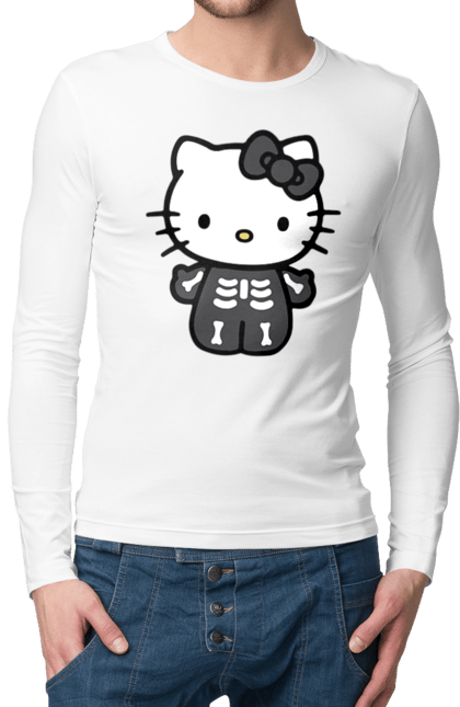 Чоловічій лонгслів з принтом "Хелло Кітті Хелловін". Halloween, hello kitty, zombie, бренд, зомбі, кошеня, персонаж, скелет, хелло кітті, хелловін. 2070702