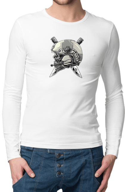Чоловічий лонгслів з принтом "Череп пілота". Військовий, захисник, ніж, пілот, череп, шолом. 2070702