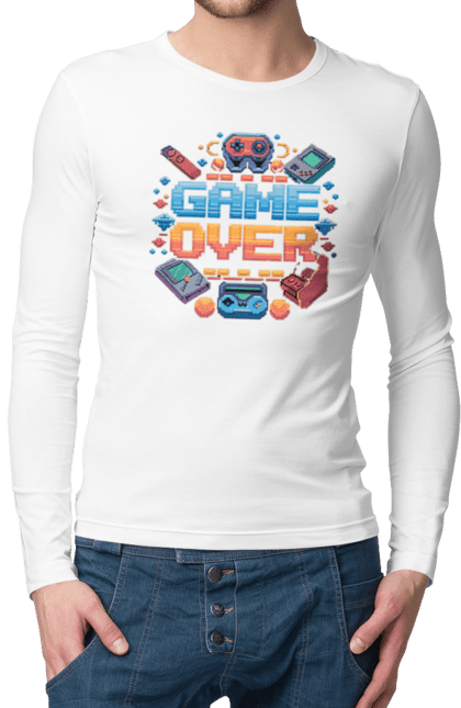 Men`s longsleeve with prints Game Over. 90s, for gamers, game, gamer, pixel, pixel art, video game. 2070702