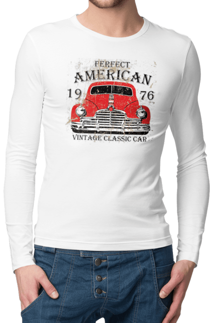 Чоловічий лонгслів з принтом "Машина вінтаж, 1976". 1976, вінтаж, машина. 2070702