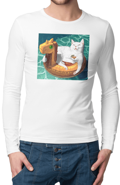 Чоловічий лонгслів з принтом "Білий кіт у плавальному колі, на відпочинку". Басейн, відпочинок, кіт, коктейль, море, плавальний круг. 2070702